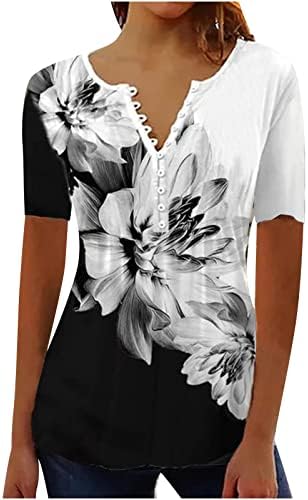 Ženski ležerni tunični vrhovi 2023 Ljetni kratki rukav labavi košulje Henley Slatke cvjetne bluze za gamaše