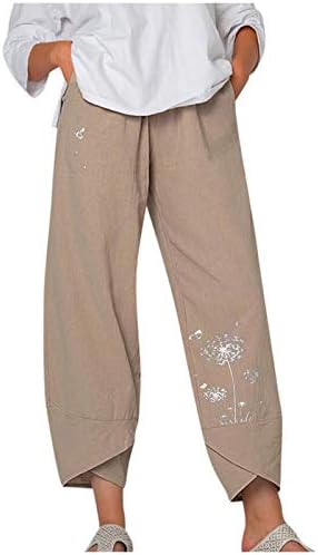 Ženske široke noge pamučne lanene hlače Summer Maslačak print obrezane hlače Elastično struk Lagane udobne povremene hlače